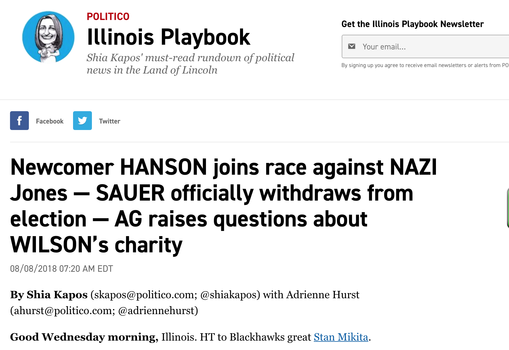 Newcomer HANSON joins race against NAZI Jones — SAUER officially withdraws from election — AG raises questions about WILSON’s charity