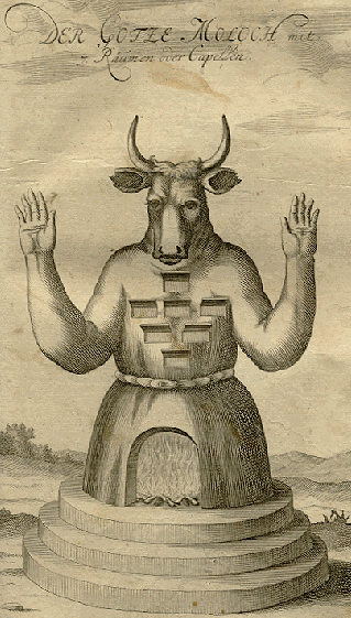 La estatua del dios Moloch, según aparece en la obra de Johann Lund «Die Alten Jüdischen Heiligthümer» (siglo XVIII). 