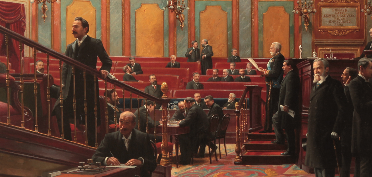 Salón de sesiones del Congreso, 1908, por Asterio Mañanós. Fotografía extraída del libro “El Patrimonio Histórico Artístico del Congreso de los Diputados”, pág. 87.