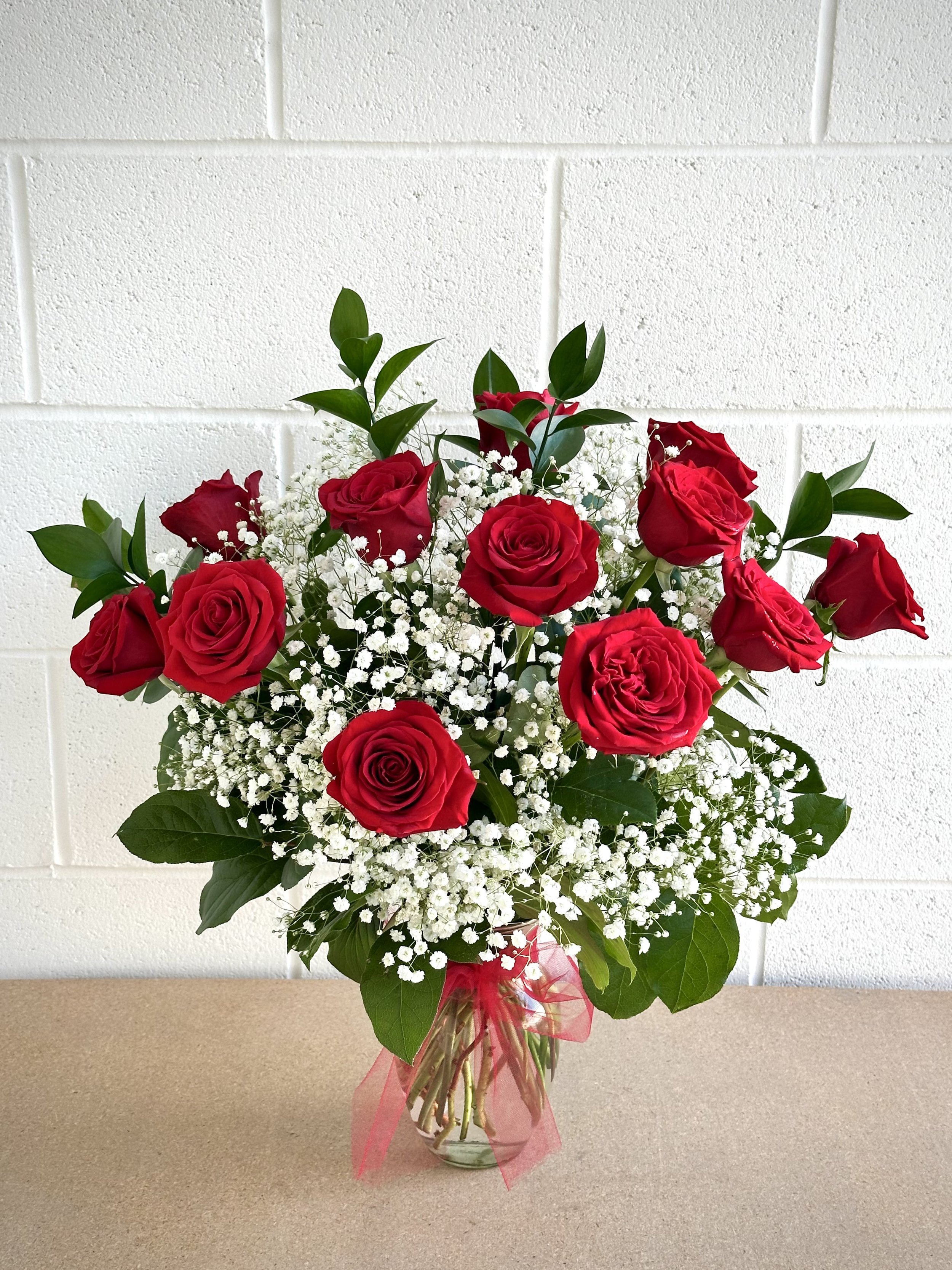 Classic Dozen Rose Arrangement with Baby's Breath