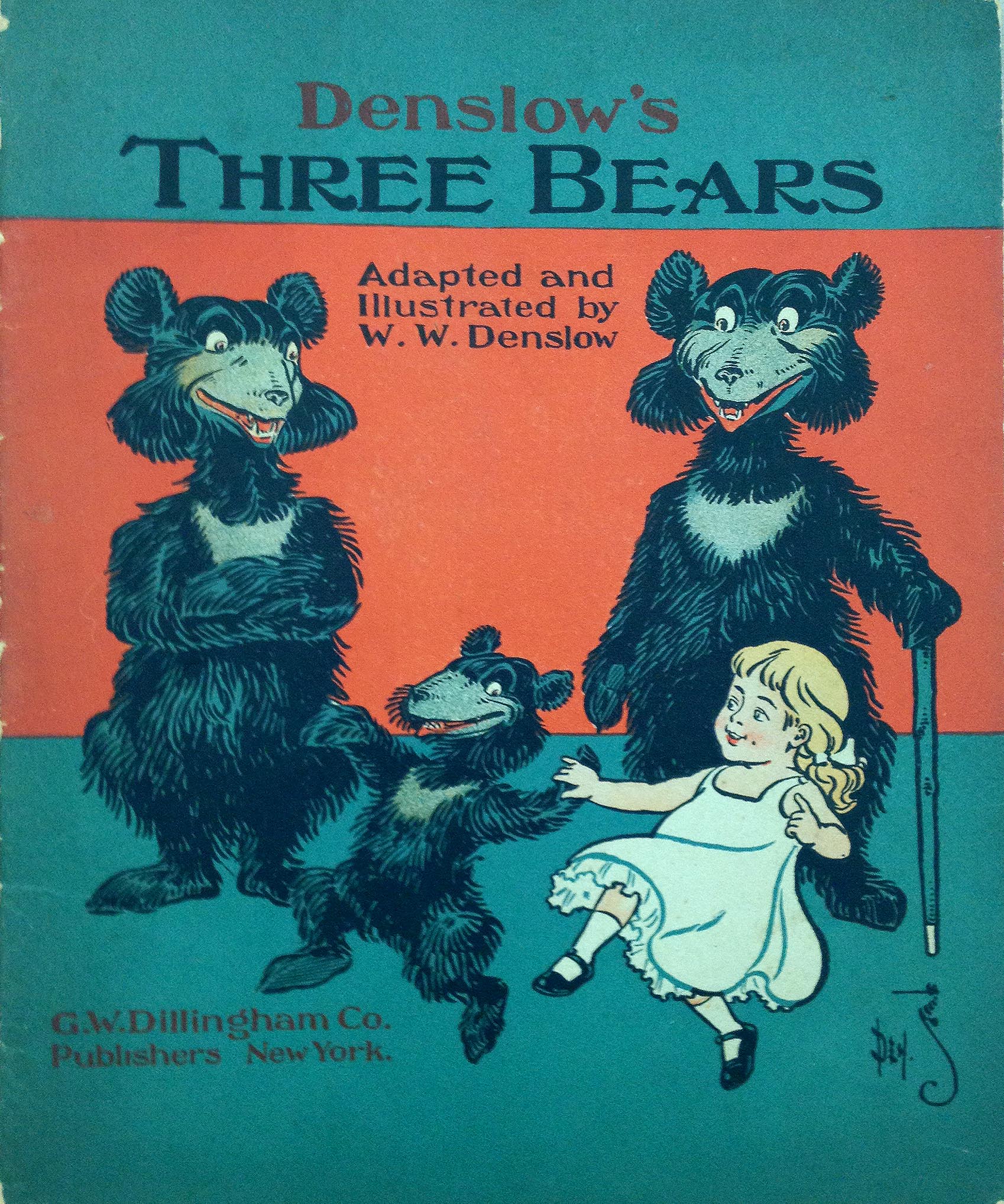 Denslow's Three Bears , W.W. Denslow, G.W. Dillingham, New York, 1903 Denslow's Three Bears , 1903, W.W. Denslow, the original illustrator of L. Frank Baum's The Wonderful Wizard of Oz (1900), adapted and drew the pictures for this retelling of the familiar story, published in New York by G.W. Dillingham as one of Denslow's Picture Books for Children . The back cover claims that in this series of picture books Denslow has "improved these stories by elimination of all coarseness, cruelty, and everything that might frighten children." In Denslow's version, in the bears'' absence Golden Hair tidies up their "most disorderly" house, and eventually the bears move in with Golden Hair and her grandmother: "they all decided to live together for the general good."