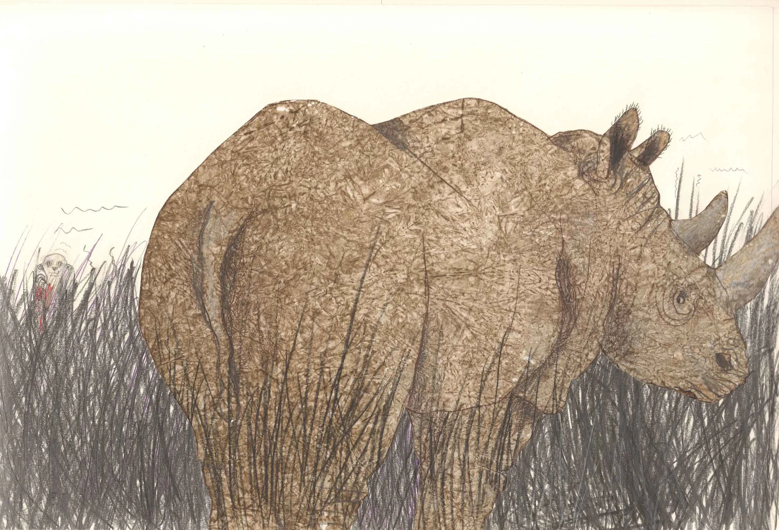 Illustration from interior spread in Here Comes Rhinocero s, by Heinz Janisch, illustration by Helga Bansch
