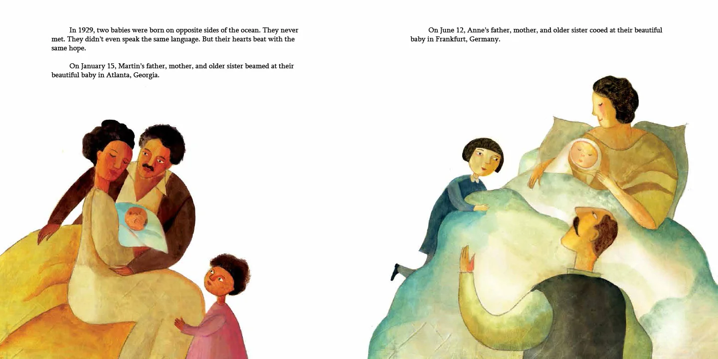 Interior spread from Martin & Anne , by Nancy Churnin, illustration by Yevgenia Nayberg