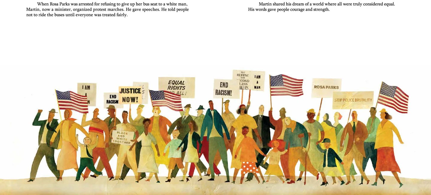Interior spread from Martin & Anne , by Nancy Churnin, illustration by Yevgenia Nayberg