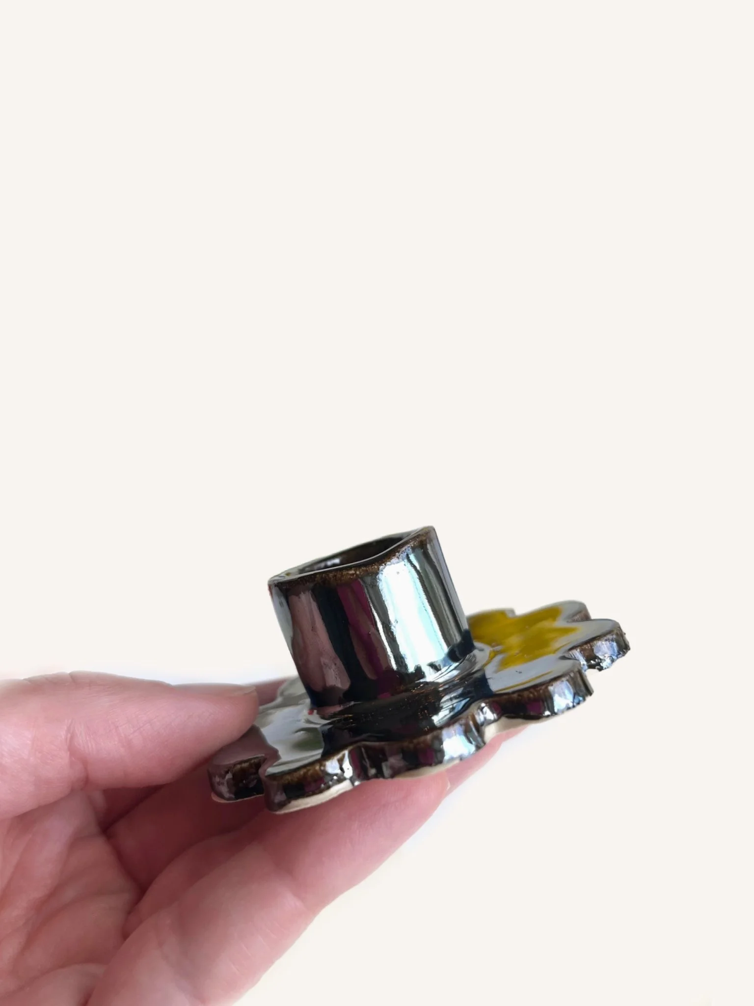 Chrome Flower Candle Holder handmade ceramic