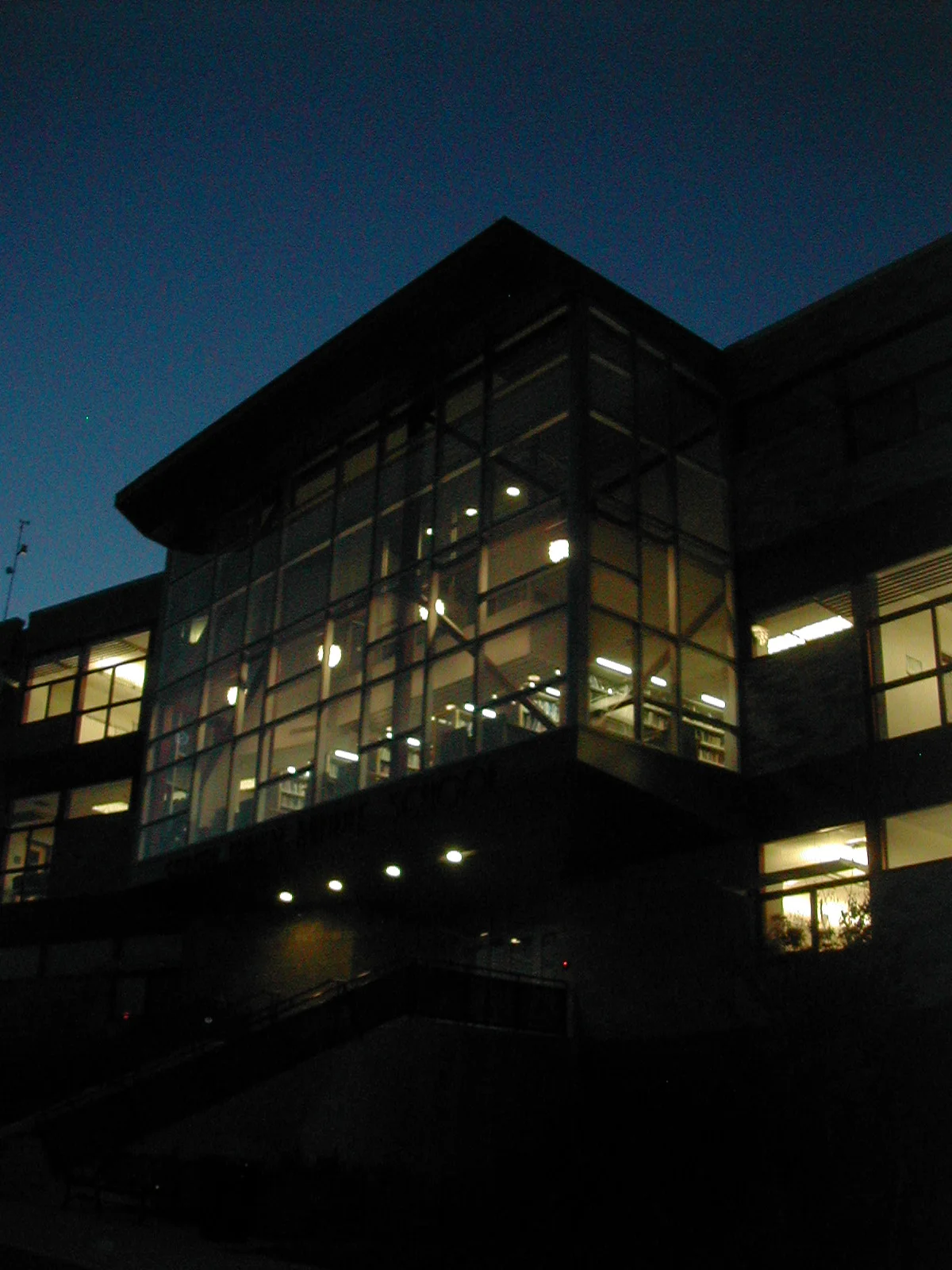 night view of library above student entrance at new building