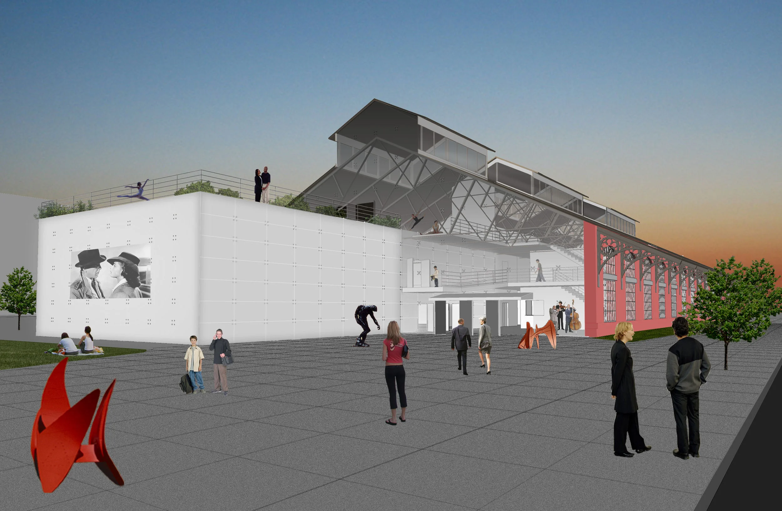 rendering of proposed train shed renovations and performing arts addition