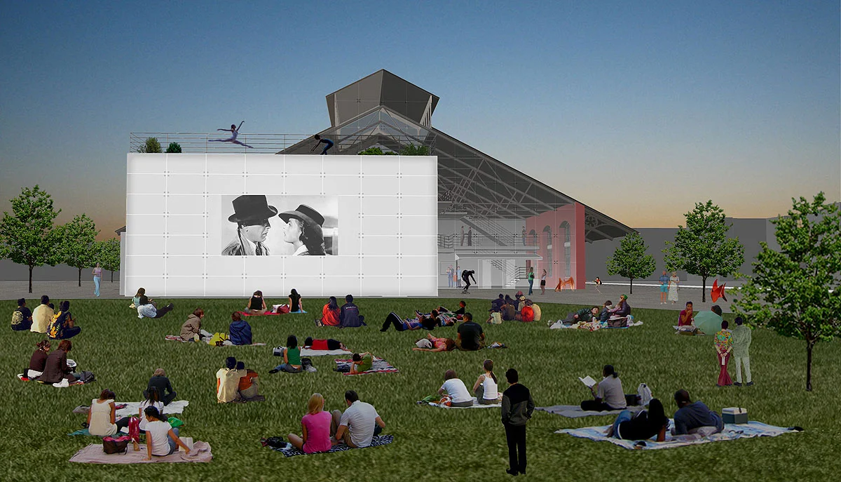 rendering of proposed train shed renovations and performing arts addition (movie mode)