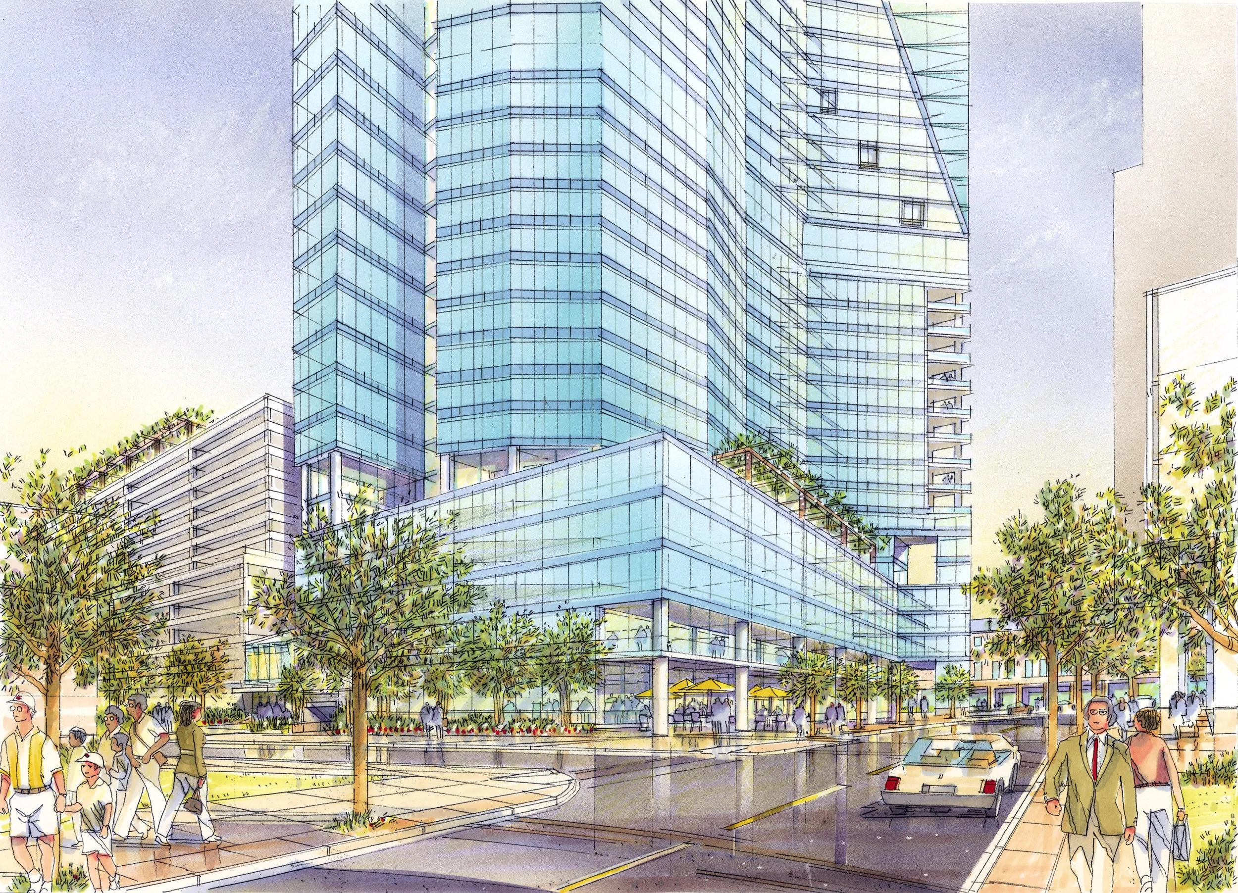 2 levels retail, 3 levels offices, 2 floors hotel amenities and 10 floors hotel