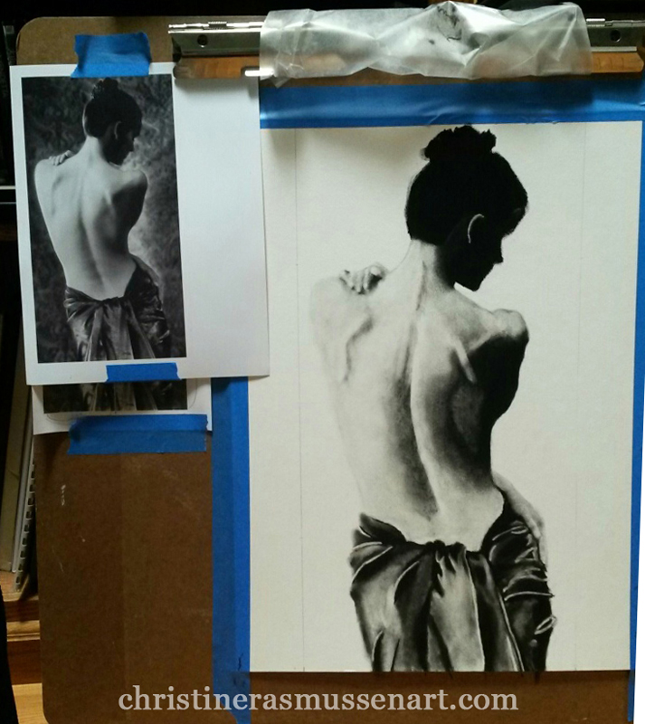 In-progress charcoal drawing; source image on the left. 