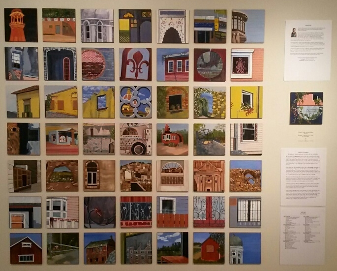 My 50|50 tiles . My theme is "Windows - observations on place by an outsider." I used my own photos from my travels around the globe to create this series of paintings, from Pakistan to New Orleans. All of these are available for $55 each. 10% off if you buy 2 or more. Interested? Contact me for sale information. Note: there are over 60 other artists exhibiting their 50 works as well. Come check it out!