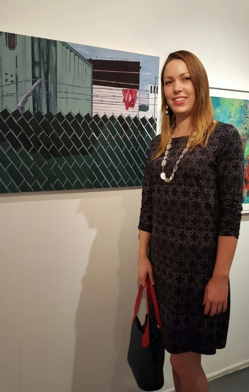 Me in front of my painting, " Over ," at the opening. 