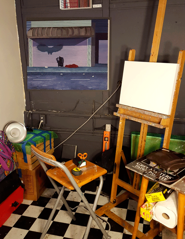 My easel and part of my workspace - it's hard to capture the whole space without falling off the edge. Don't worry, there's a bannister for safety!
