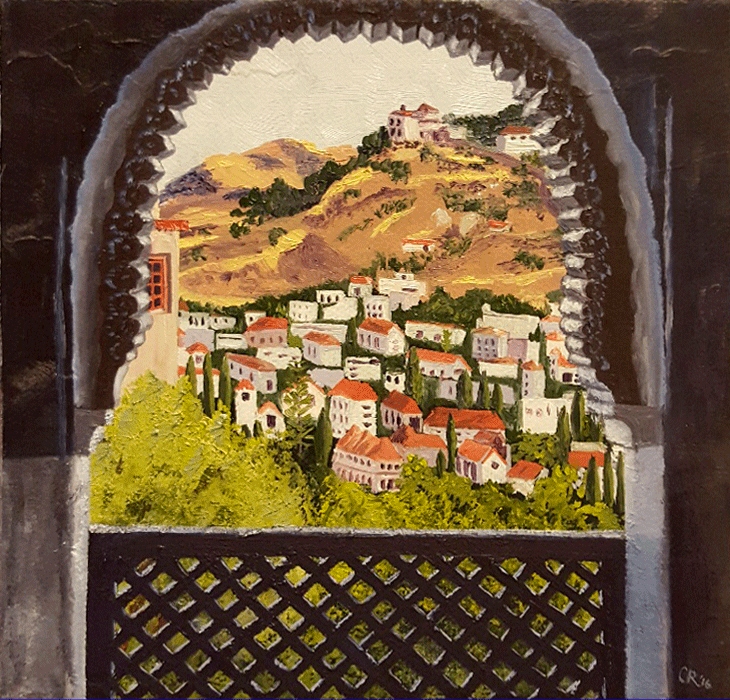 C.Rasmussen. Room with a View, Spain. 2016 . Oil & acrylic on canvas. 6x6inches.