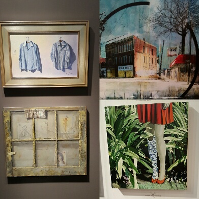 Paintings by Eric Forsythe (left, top and bottom), Liz Brizzi (top right) and Jolene Lai (bottom right). 