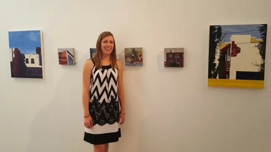 Christine Rasmussen in front of her paintings at "Solidarity" opening reception, Aug. 21, 2016. Photo credit: Eleonor Doctora Villena.
