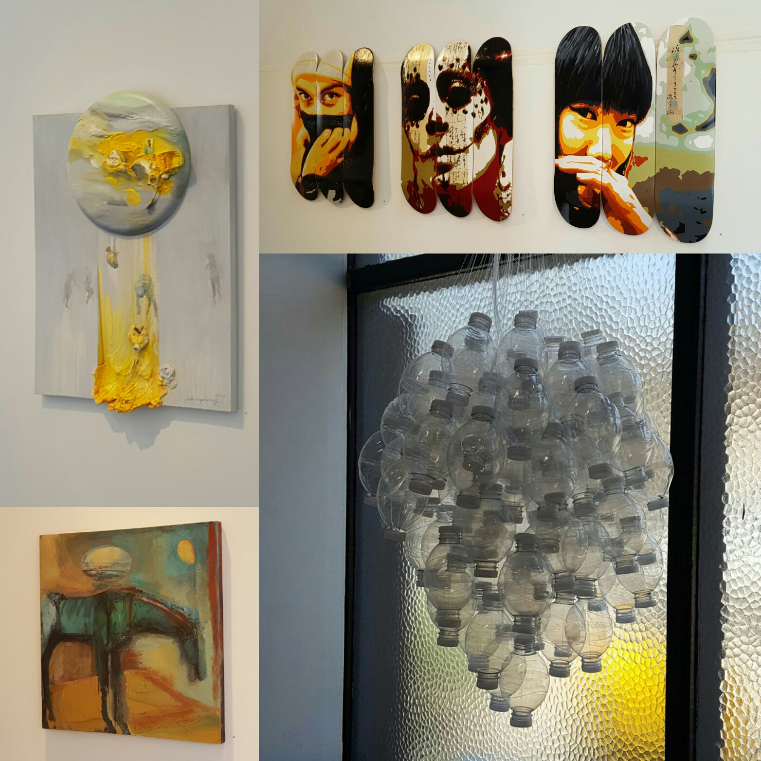 Artwork by: Ann Phong (top left), Lore Eckelberry (top right), Tracey Weiss (bottom right), Peggy Sivert (bottom left). Photo credit: Christine Rasmussen. 