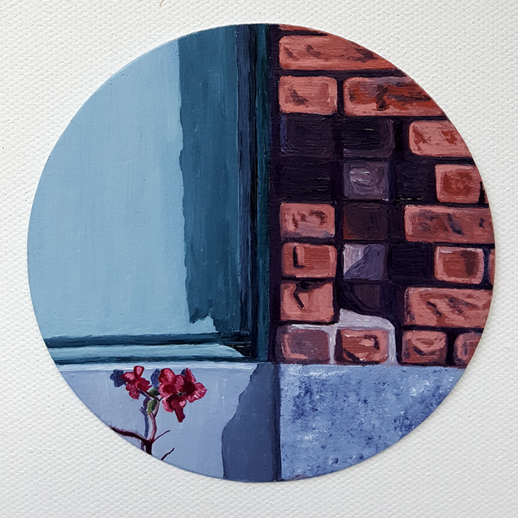 C. Rasmussen | Breaking Through | 2016 | $60 | Oil on 4-inch coaster | Click image to view making-of timelapse video
