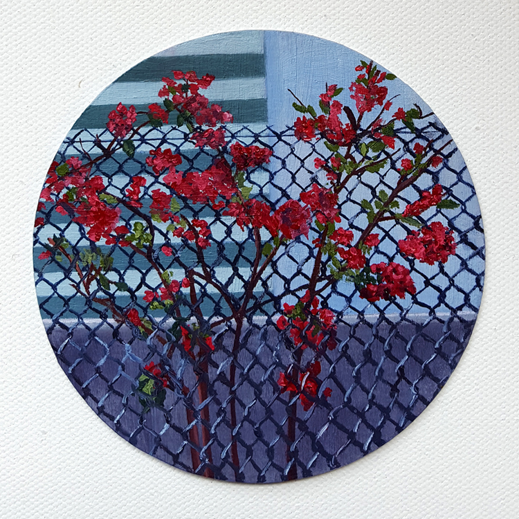 C. Rasmussen | Grabbing Hold | 2016 | $60 | Oil on 4-inch coaster | Click image to view making-of timelapse video