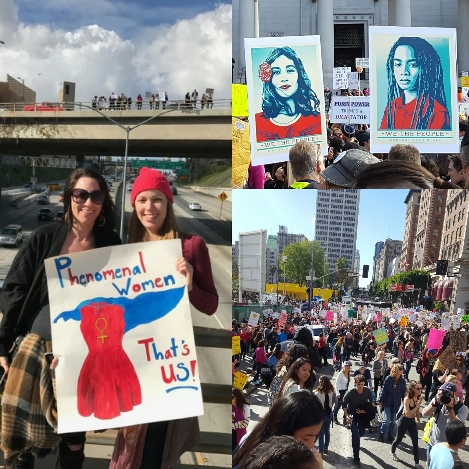 Left: Linnea Ficklin & Christine Rasmussen , in pink hat, holding my poster with a play on the Maya Angelou poem (photo by Louise Flores). Right (top): posters designed by Shepard Fairey for The Amplifier Foundation and available for free download here (photo by C. Rasmussen). Right (bottom): crowds on Olive and 5th streets in downtown LA on Jan. 21, 2017 (photo by C. Rasmussen).