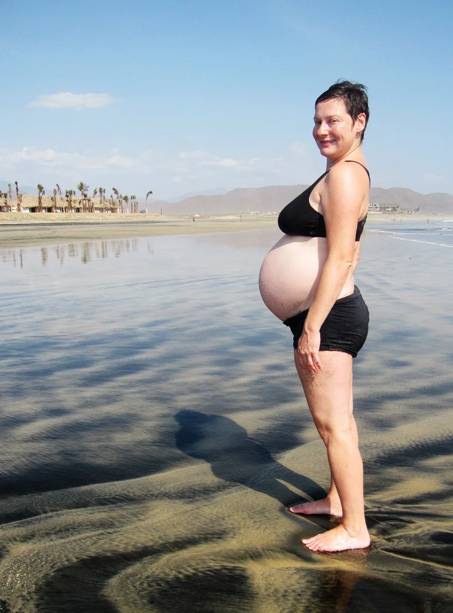 7.5 months pregnant at Cerritos Beach.