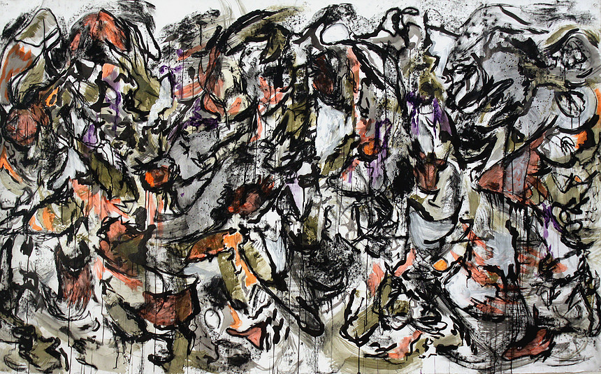 "Fish" Acrylic, fluorescent paint, Sumi ink, charcoal and collage on Stonehenge paper