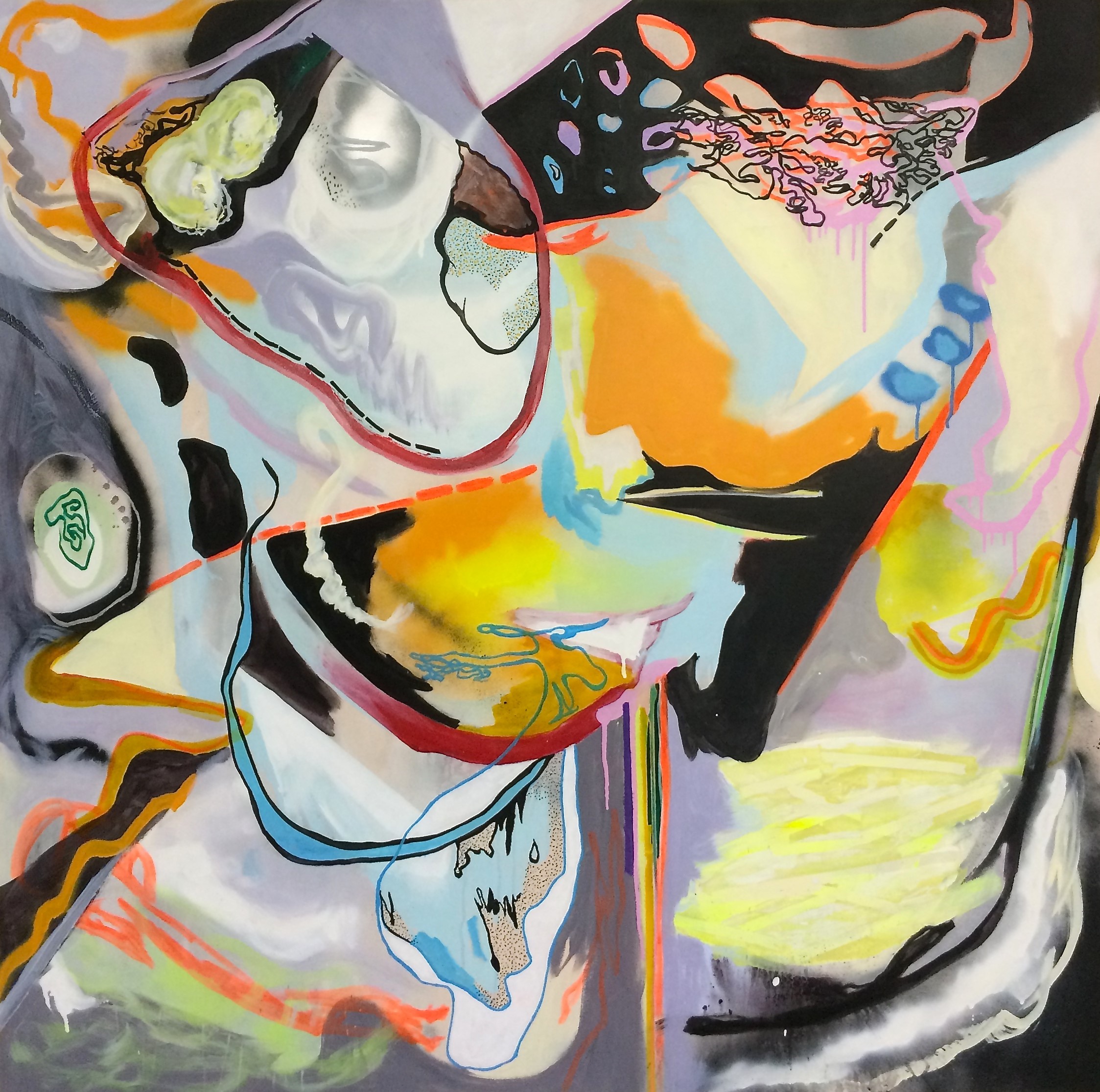 Swirly Acrylic, spray paint and marker on wood panel 48x48