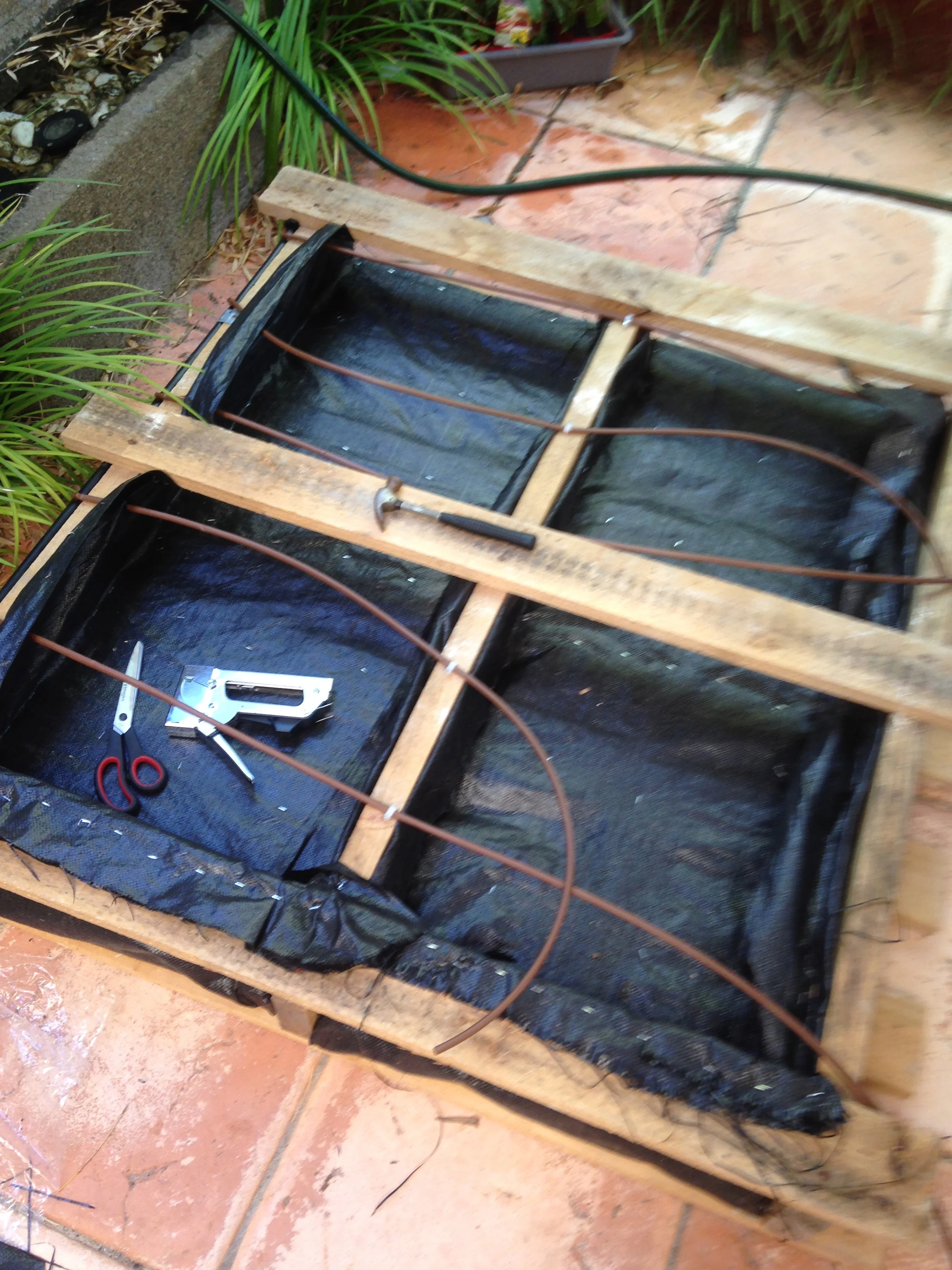 Install the irrigation. I used a black poly feed along the side and connect strips of 6mm Netafim.