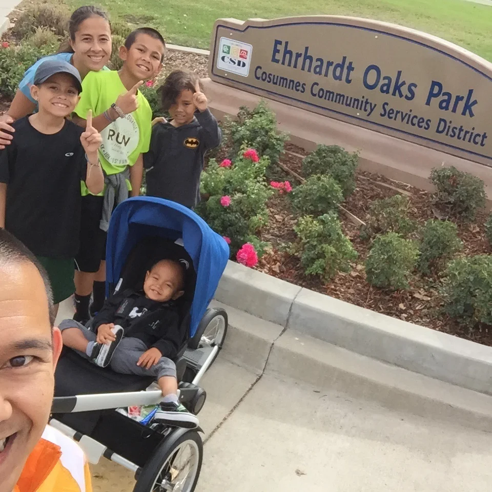 On our most recent family run, we ended up going to 5 parks plus having lunch. Here we are at park one. Everyone happy and the weather was overcast but felt great! 