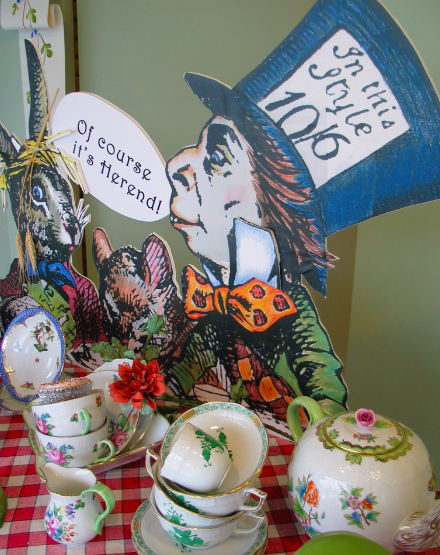 Summer Window “The Mad Hatter’s Tea Party” with assortment of tea cups in Queen Victoria, Rothschild Bird Blue Border , Printemps and Chinese Bouquet in Green