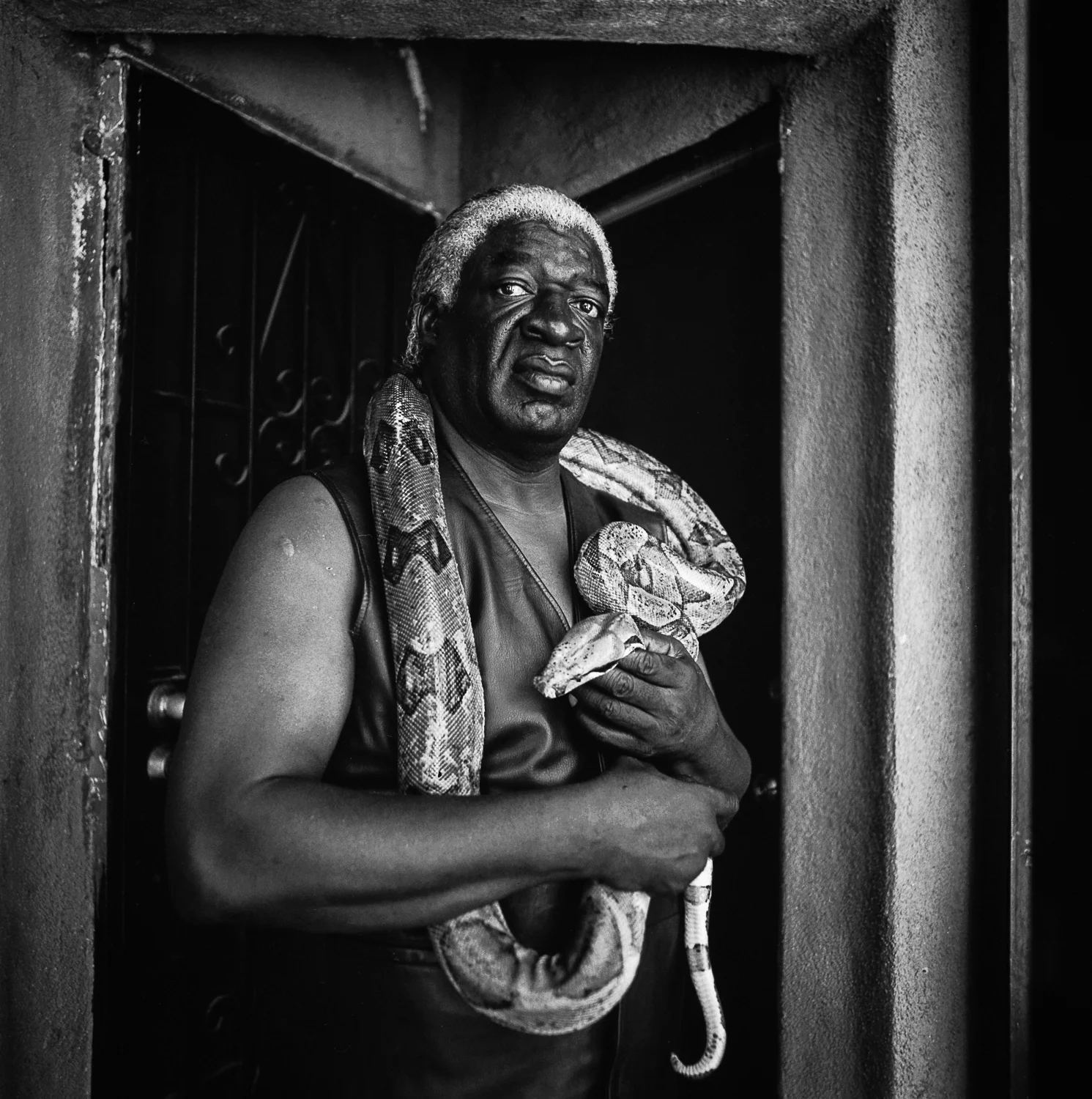 Ron “The Big Black Snake Man” Los Angeles, California, 2018 Made with Hasselblad 501c with Kodak 120 Tri-X 400 b&w film