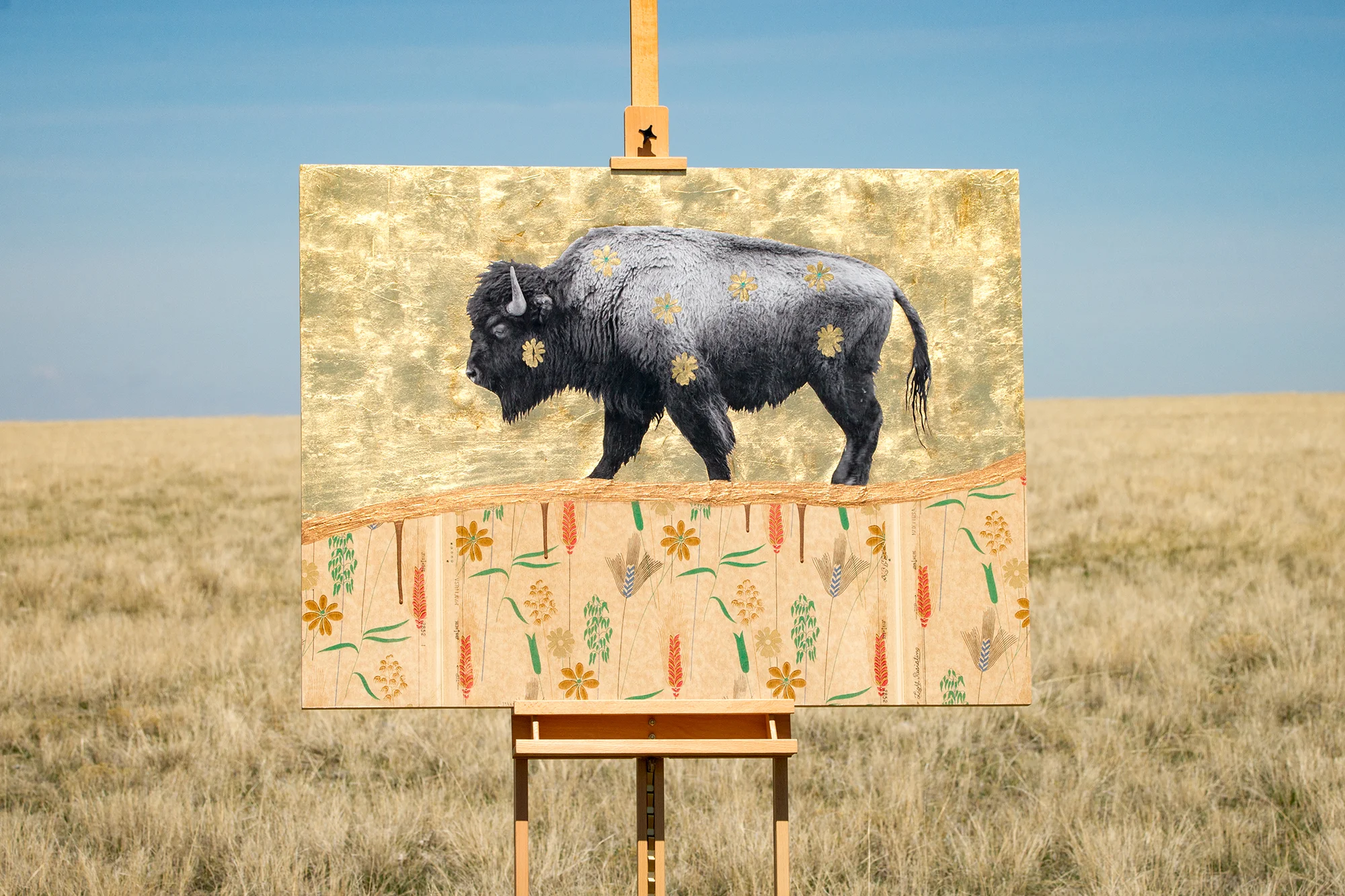 “Wallflower No. 3” || 48” x 36” || Mixed-media on panel || Photograph, acrylic, gold leaf, & original 1930s/40s wallpaper