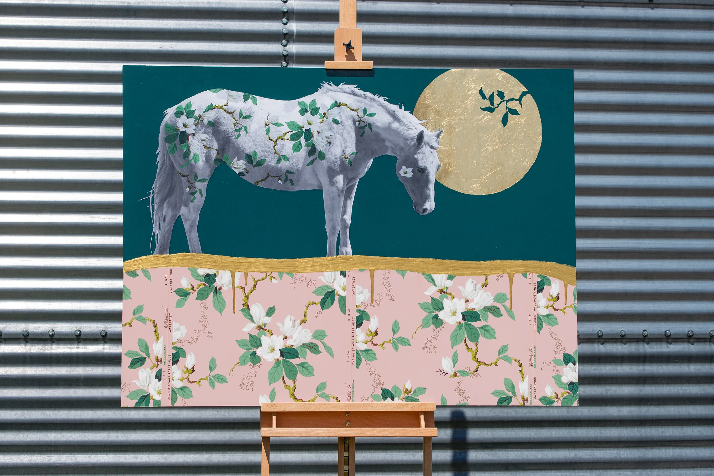 “Wallflower No. 7” || 48” x 36” || Mixed-media on panel || Photograph, acrylic, gold leaf, varnish, & original 1940s wallpaper