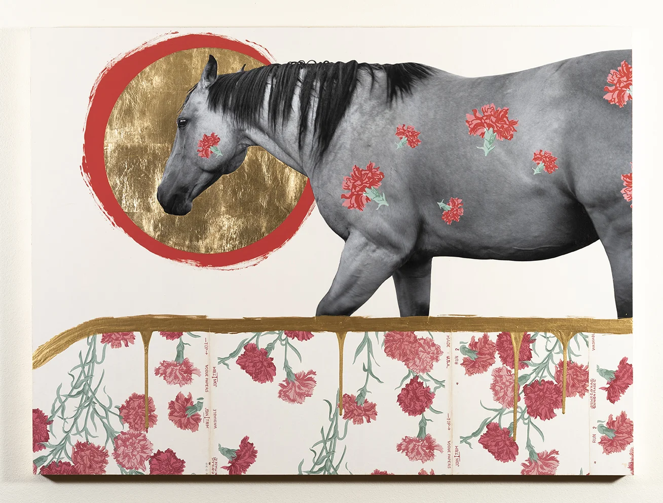 “Wallflower No. 18” || 48” x 36” || Mixed-media on panel || Photograph, acrylic, gold leaf, & original 1940s wallpaper
