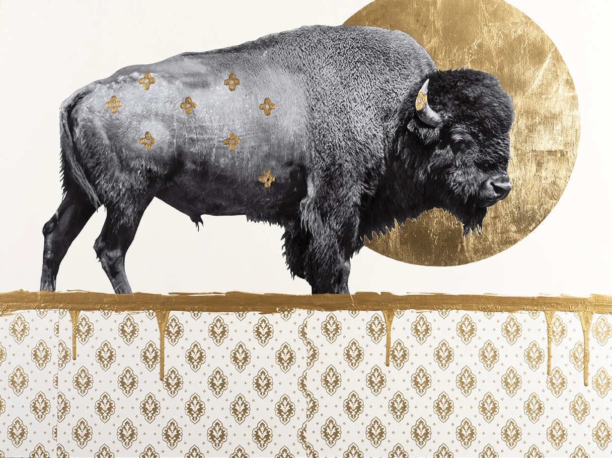 “Wallflower No. 19” || 48” x 36” || Mixed-media on panel || Photograph, acrylic, gold leaf, & original 1940s wallpaper