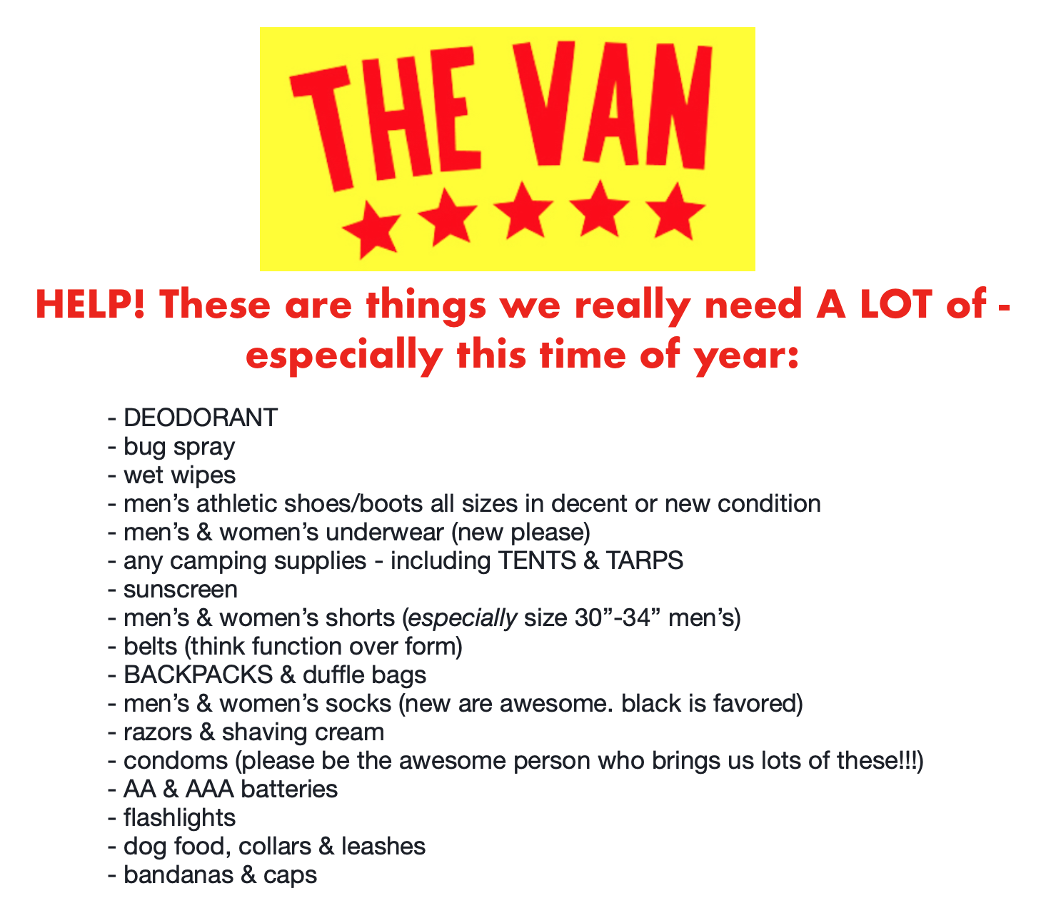 We’re really short on (or completely out of) these items! If you’d like to help us get stocked up on them, you’d be my hero! Thanks so much, Emily Gaiser April 30, 2019