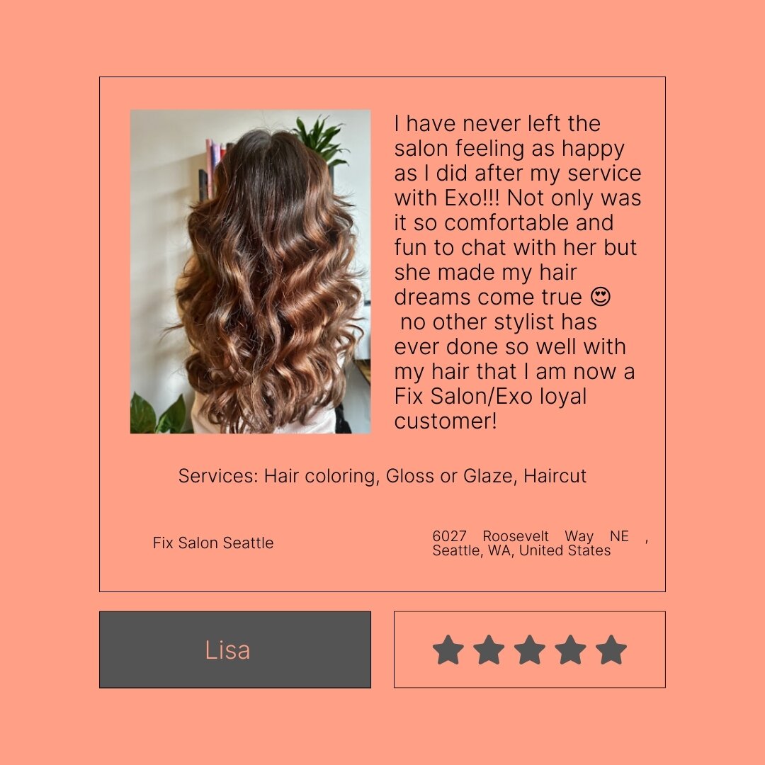 Our client's positive reviews make our day! Thank you Lisa for trusting us with your hair and for taking the time to share your experience with Exo! 🙏🏼💖 #PositiveVibes #ClientAppreciation #Exo #HairTransformation #seattlehairsalon