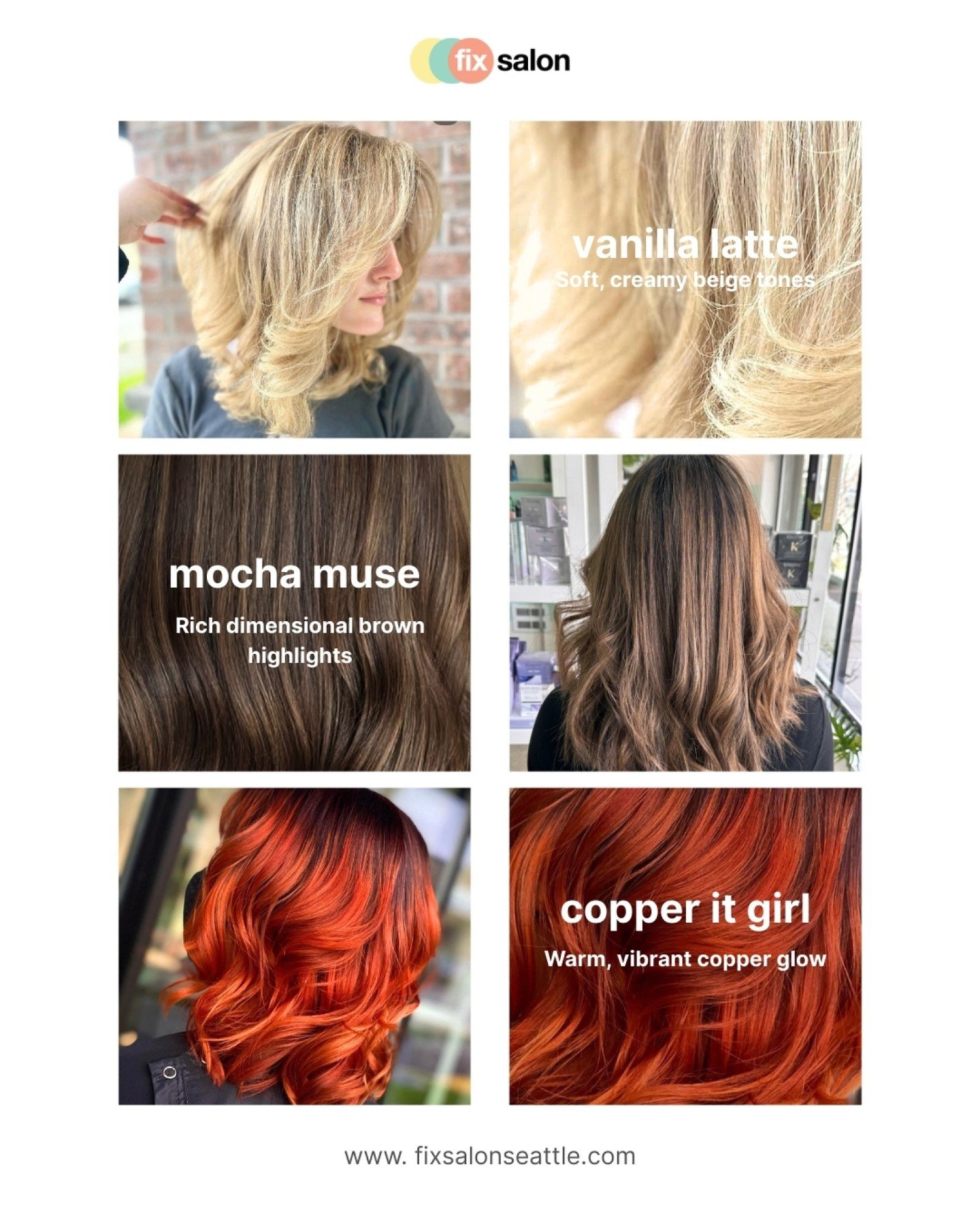 Looking to color your hair or cover up some grays? Book your appointment at Fix Salon and let&rsquo;s find the perfect shade for you! 

Enjoy a custom consultation tailored to your hair goals, along with personalized tips to keep your new color looki