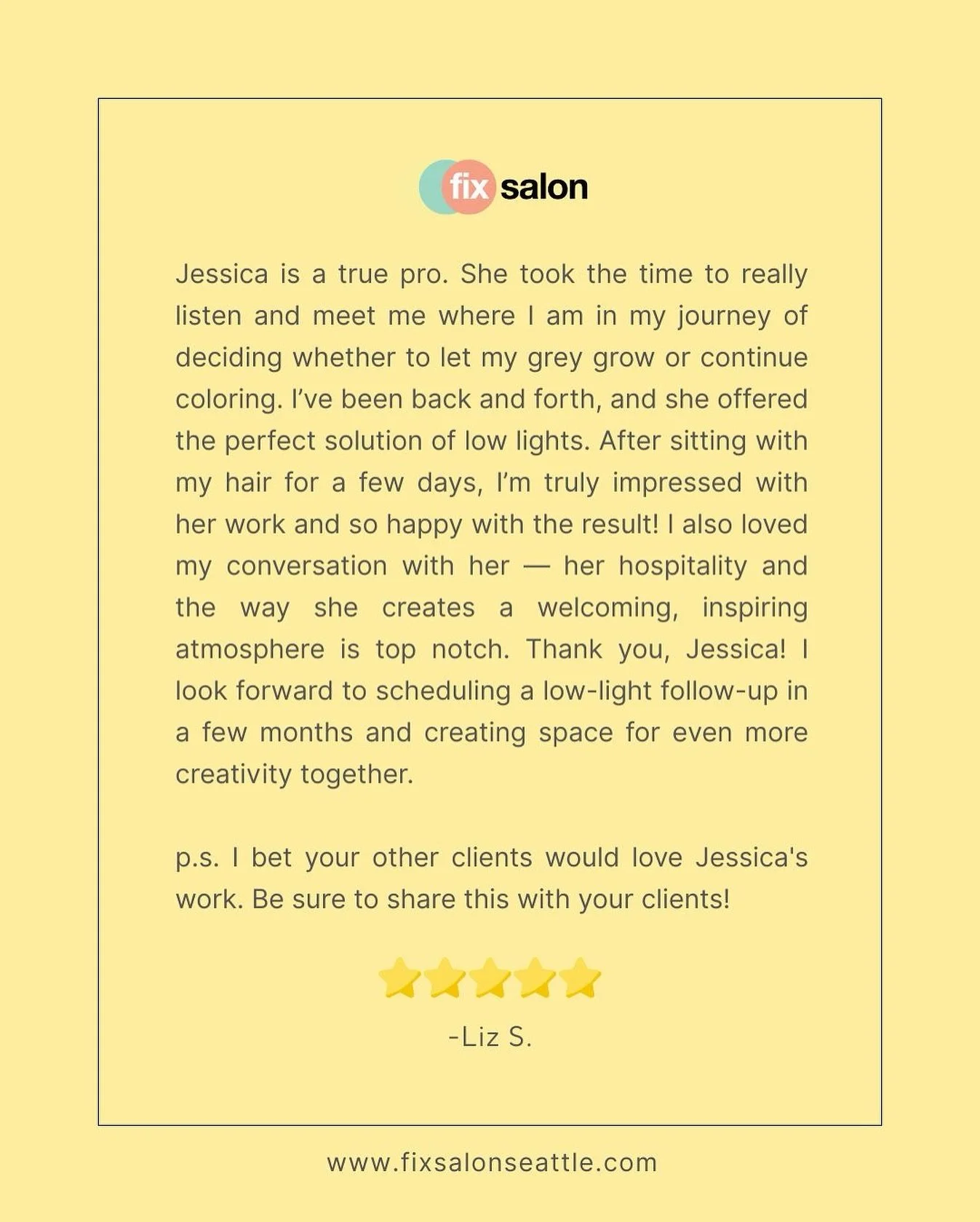 ✨ Client Love ✨

Your kind words make our day and truly help us keep doing what we love. Thinking about getting a new look? 

Book your appointment and see why clients keep coming back! 💇&zwj;♀️💫

Hair by Jessica @happyhair.jess 

#fixsalonseattle 