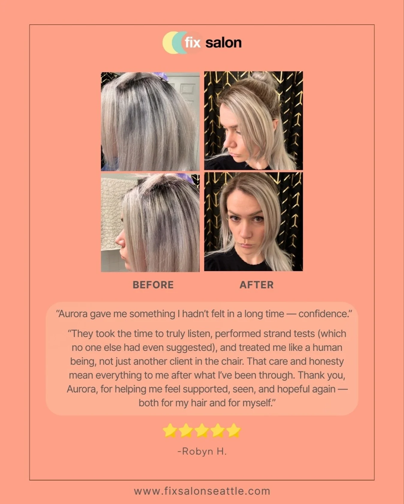 &ldquo;Aurora approached my situation with genuine empathy and care, something I deeply needed after working with two previous stylists who left my hair damaged and my confidence shaken.&rdquo;

Aurora carefully lifted the black without compromising 
