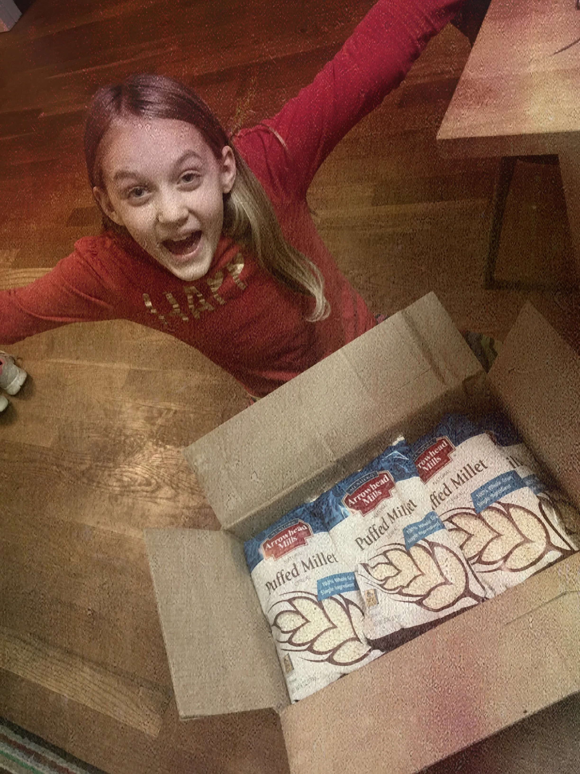 A family member sent a case of puffed millet for Angelena - as her shirt says- she was very happy! It's already made breakfasts a little easier on both of us, thank you.&nbsp;