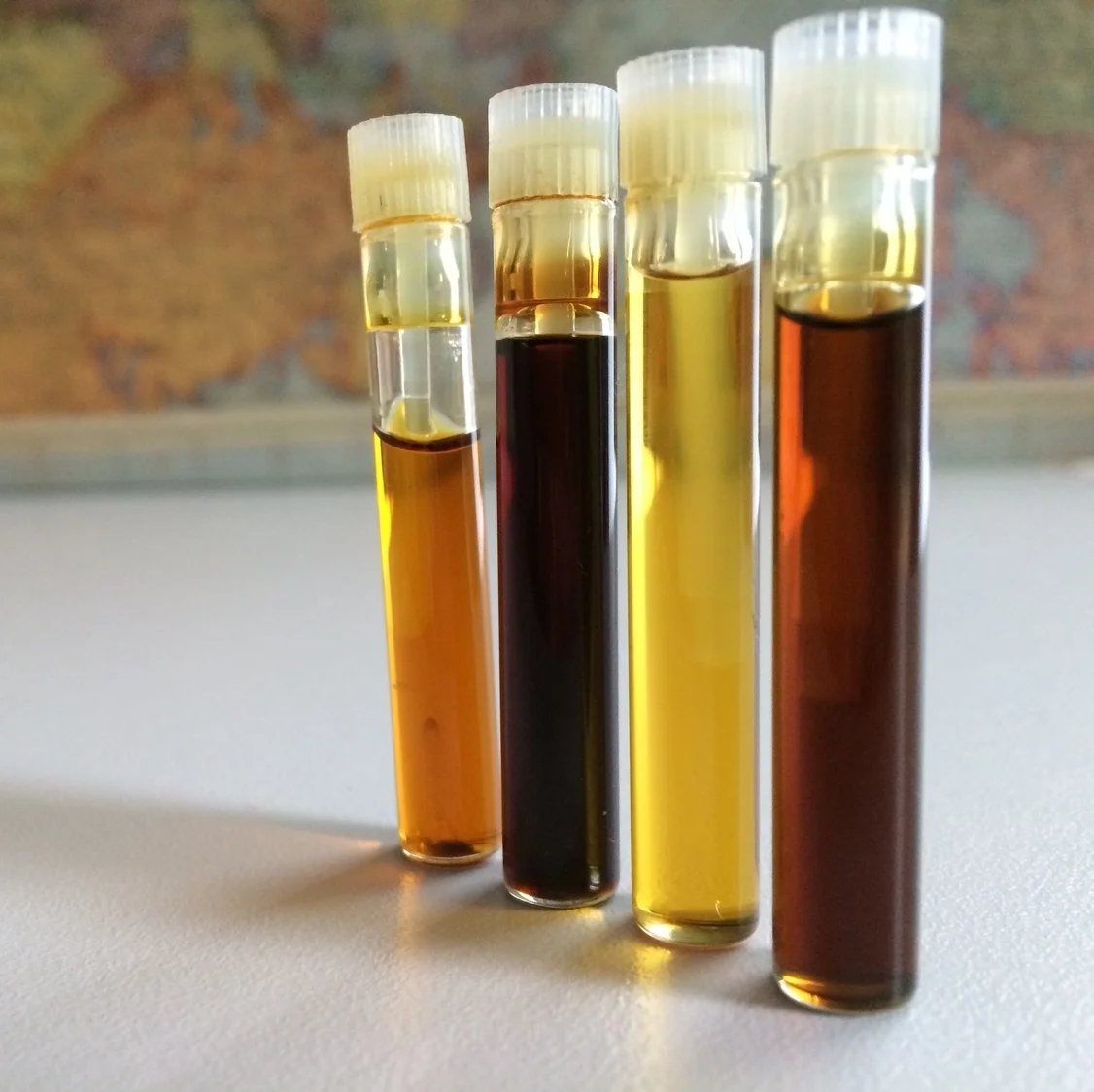 Vetiver oils from Sri Lanka, Indonesia, and Haiti.
