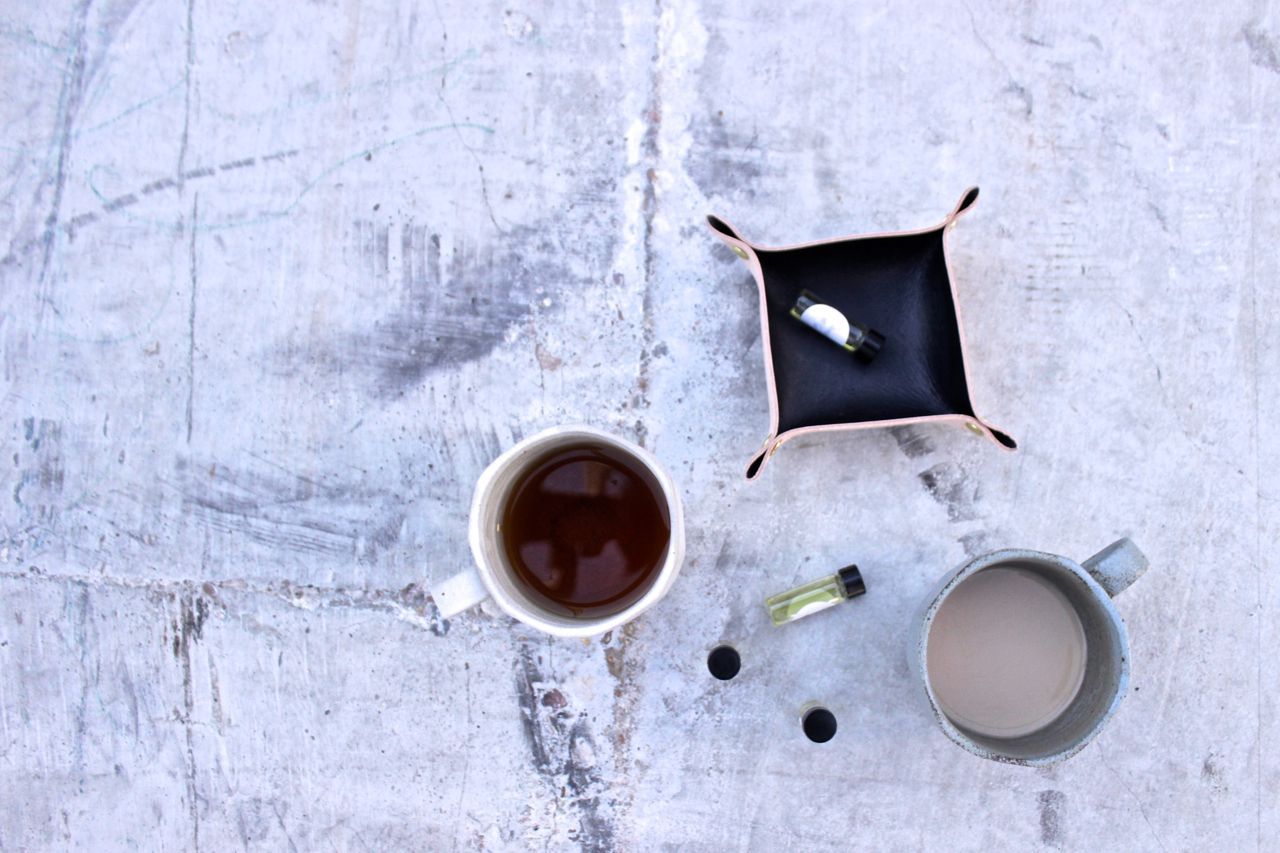 Tea and samples in a leather Canoe tray.