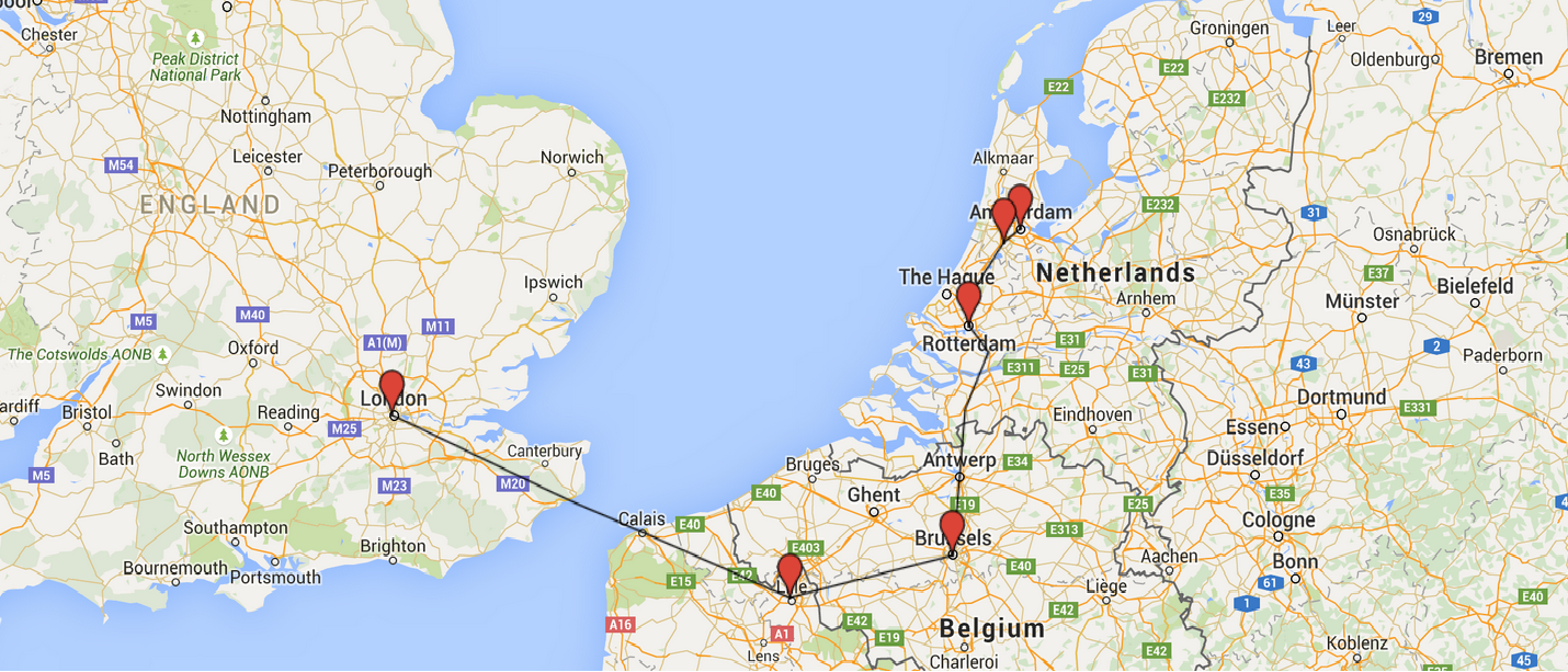 A map of the journey from Amsterdam to London and stopping points. I just have to hope it stops at Rotterdam...