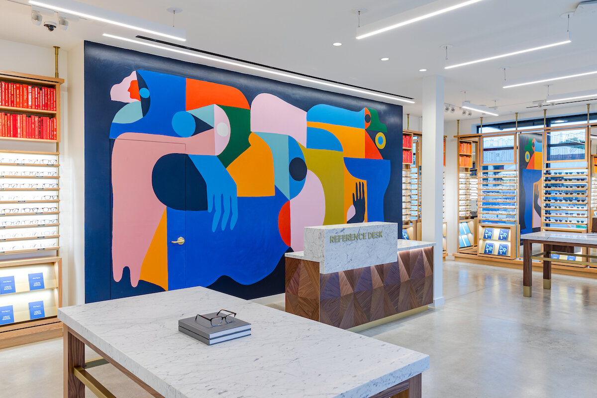 Artist Kyle Steed created this custom mural for Warby Parker Dallas, TX