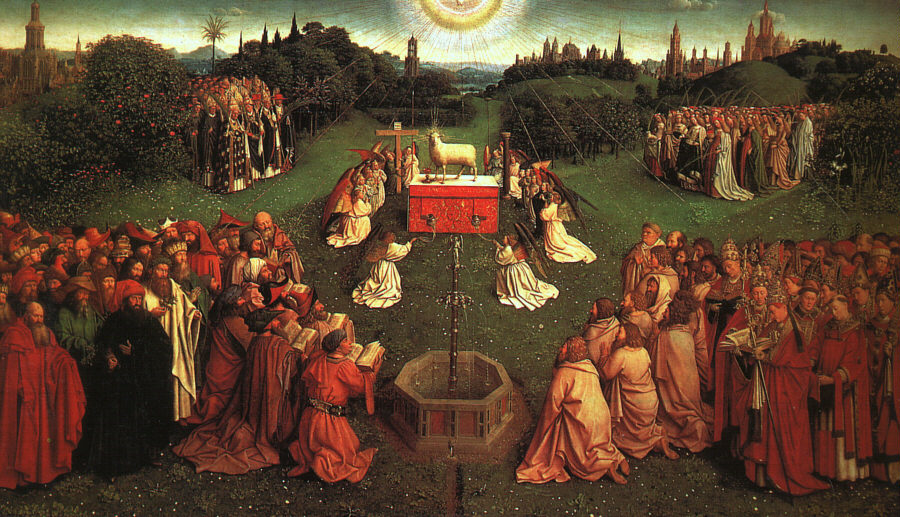 The Ghent Altarpiece , Adoration of the Mystic Lamb, by Jan van Eyck , early 15th century.