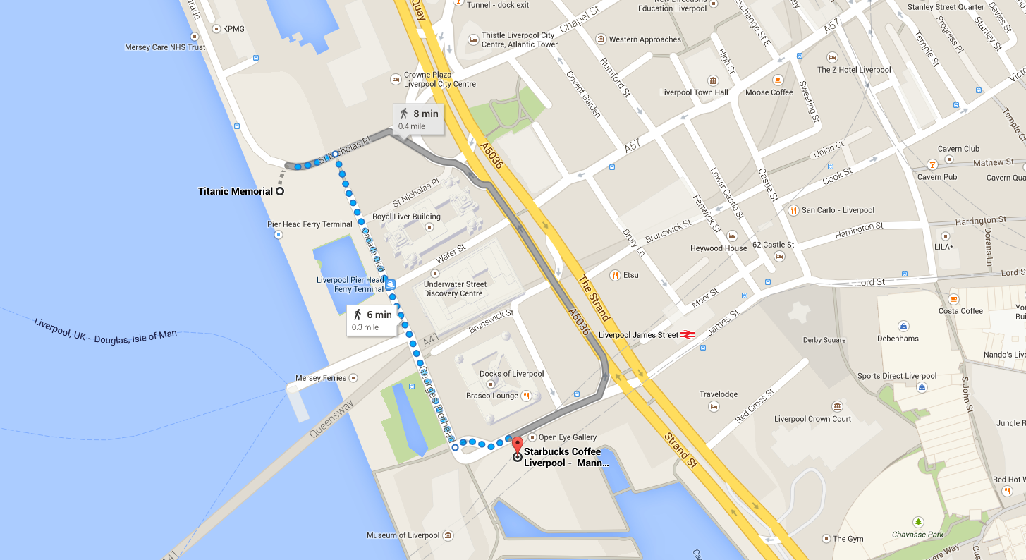 Locations of The Titanic Memorial, and Starbucks.