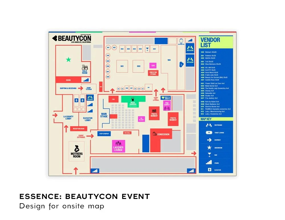   Client:    Essence   Graphic Design for the Essence Beautycon event vendor map. 