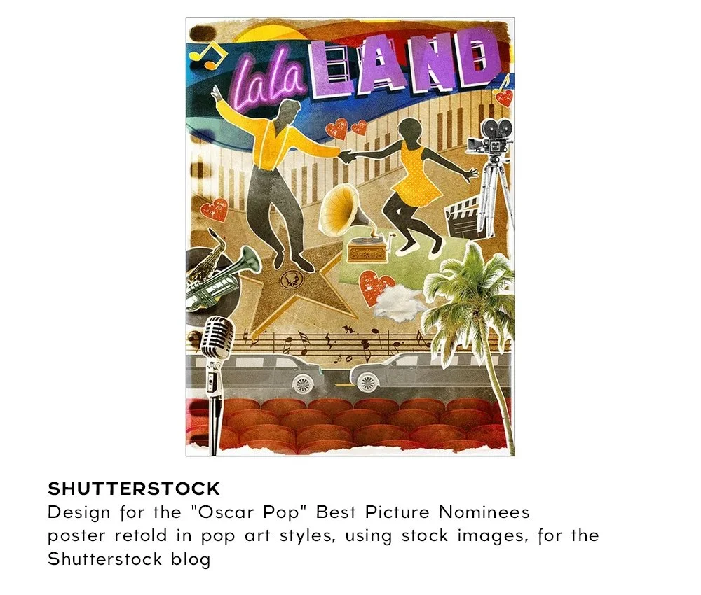   Graphic Designer at    Shutterstock   Graphic Design for the "Oscar Pop" Best Picture Nominees poster retold in pop art styles, using stock images, for the Shutterstock blog.  