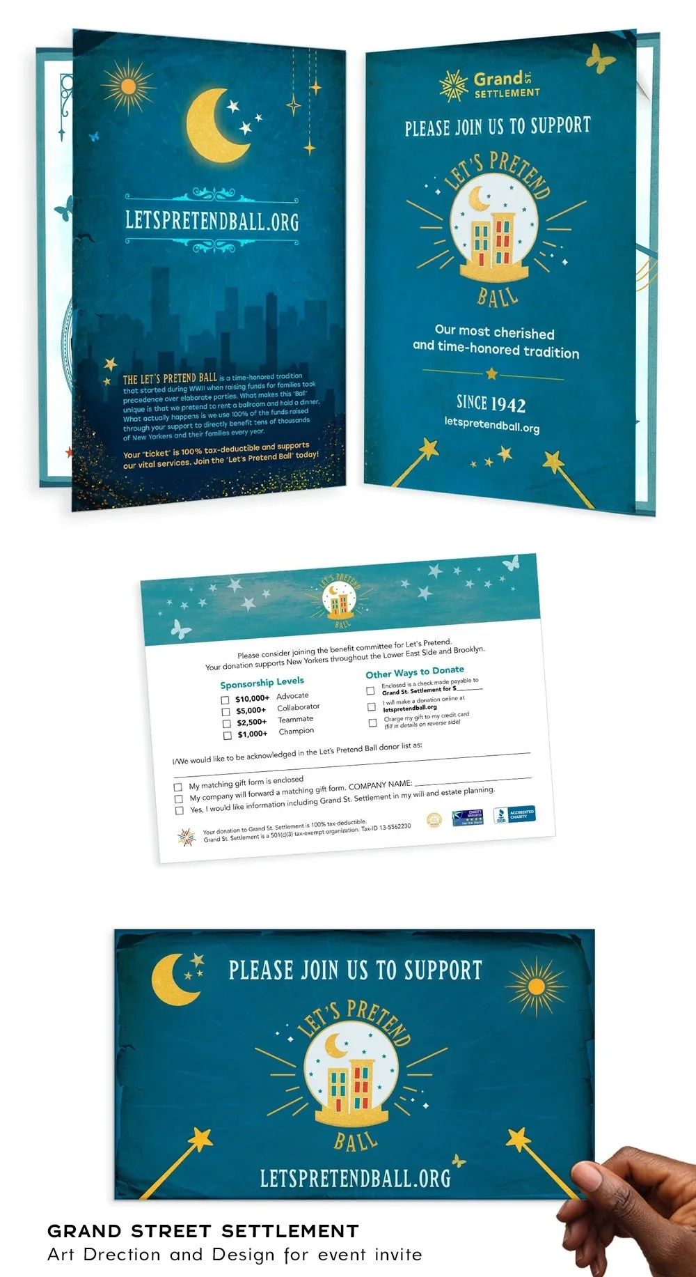   Client:    Grand Street Settlement   Art direction and design for the Let’s Pretend Ball fundraising event - branding, logo, marketing, onsite signage, invites and swag. 